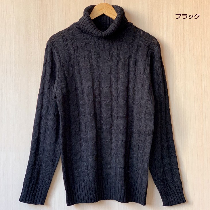 ニット セーター メンズ タートルネック タイト ケーブル編み ベージュ