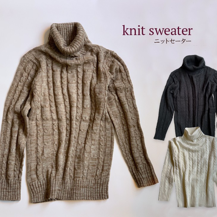 ニット セーター メンズ タートルネック タイト ケーブル編み ベージュ