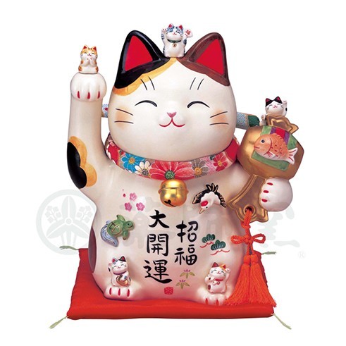 (豪華２大特典) 招き猫 置物 陶器 商売繁盛 開運 左手 右手 両手 鶴 亀 鯛 開店祝い 座布団付き おしゃれ 薬師窯 父の日 |  | 01