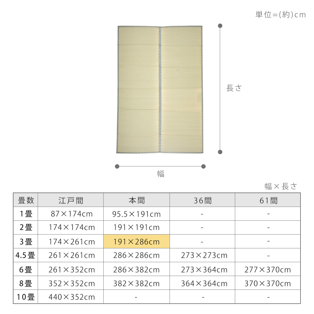 い草カーペット 白馬 本間3畳 191×286cm | い草上敷き 3帖 本間 3畳 上敷き イグサ いぐさ い草 カーペット 撥水 消臭 抗カビ 和室 引目織り 団
