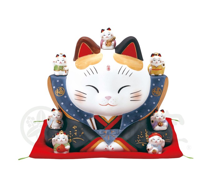 豪華2大特典) 招き猫 置物 陶器 中 七福神 福助 商売繁盛 開運 左手