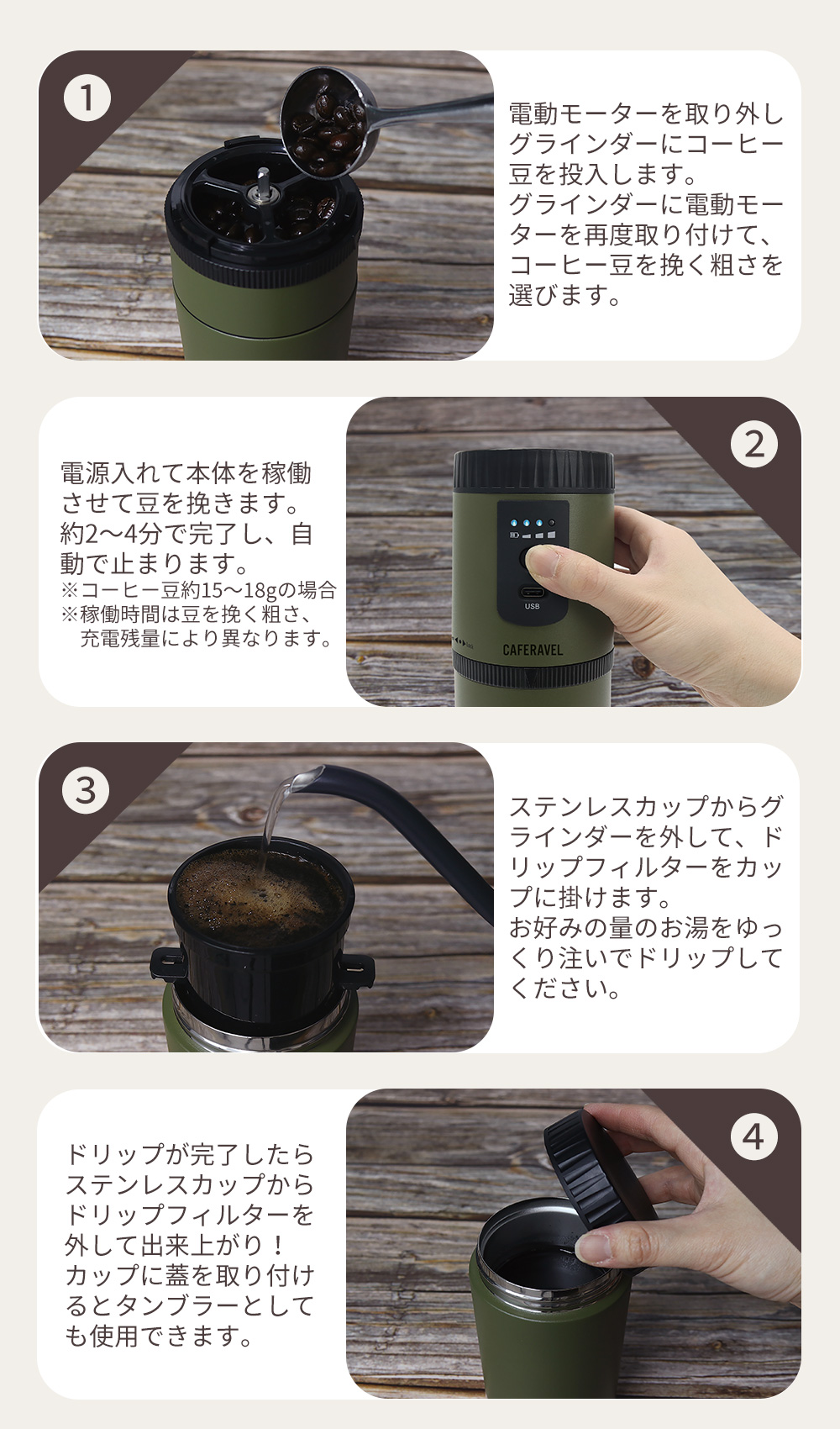 エントリーで+5％還元 コーヒーメーカー カフェラベル 電動ミル ミル付き 充電式 コーヒーミル ドリップ 保温 保冷 コーヒー 珈琲 おしゃれ  MEK-107 マクロス