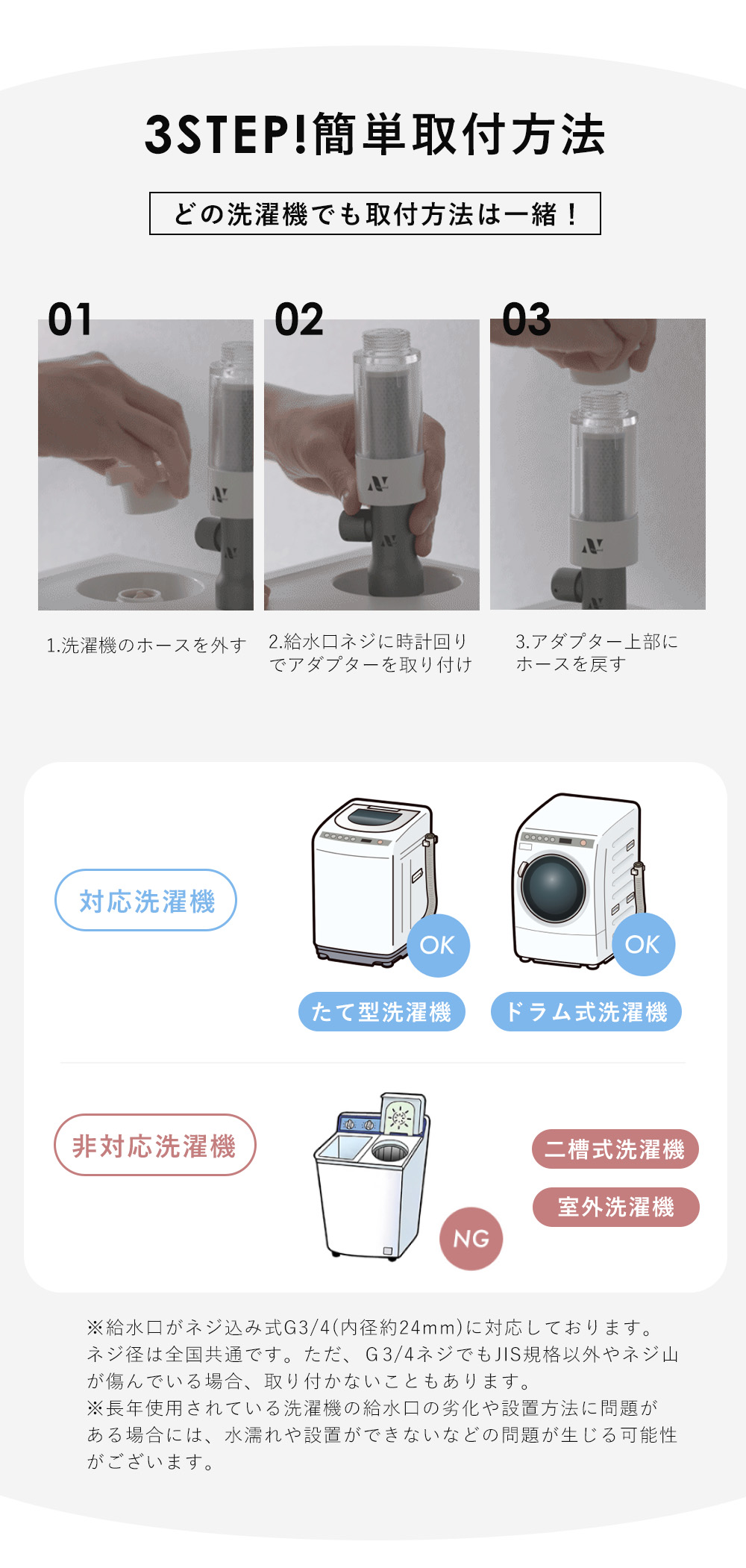 Noend 洗濯機アダプター 活性炭フィルターケース　フィルター3個　セット Noend 洗濯機アダプター フィルターケース セット 三層構造