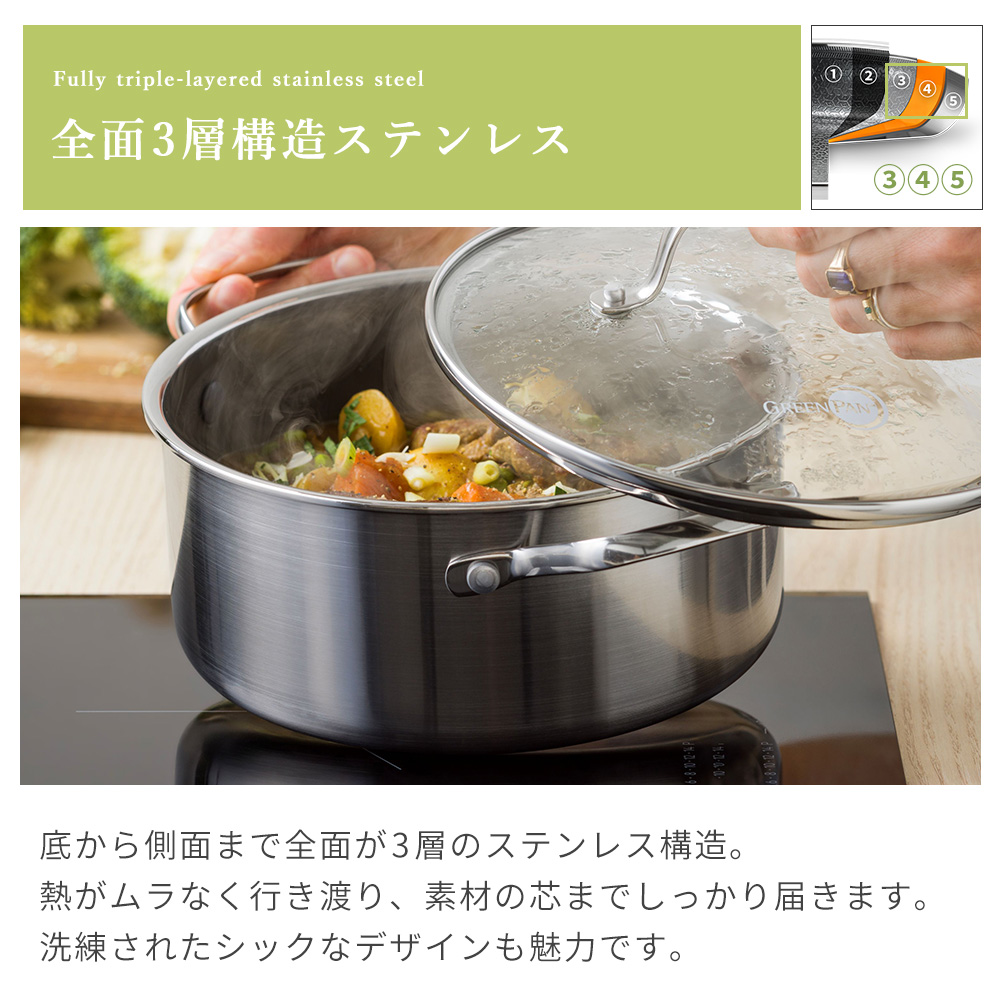 両手鍋 キャセロール 20cm IH対応 グリーンパン エーペックス GREENPAN APEX キッチン セラミック コーティング ガラス蓋の画像