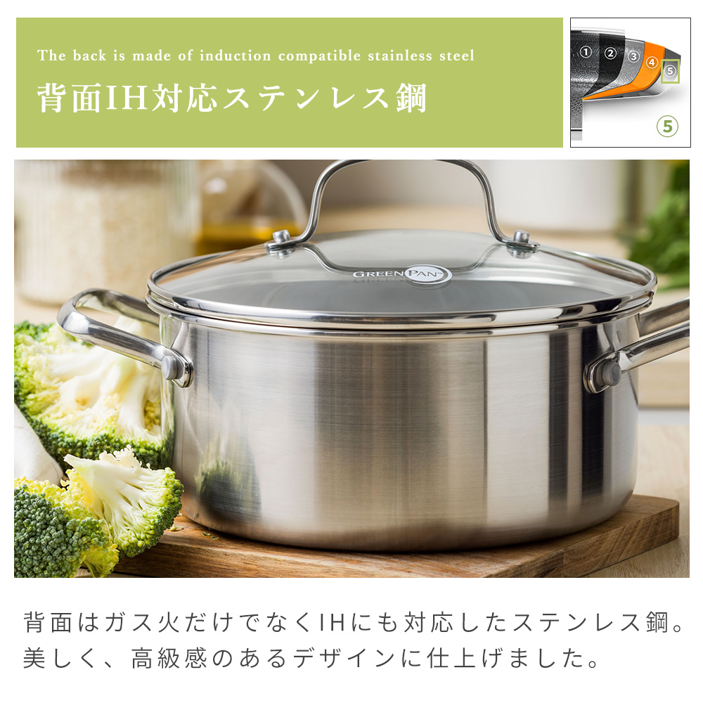 両手鍋 キャセロール 20cm IH対応 グリーンパン エーペックス GREENPAN APEX キッチン セラミック コーティング ガラス蓋の画像