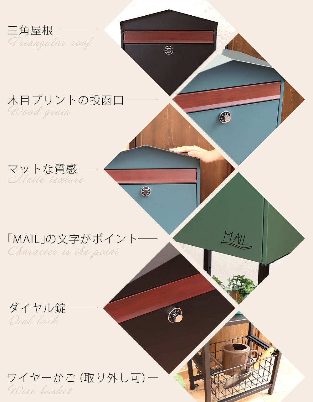 デザイン ポイント 木目調 ダイヤル錠 かご付き マット 粉体塗装