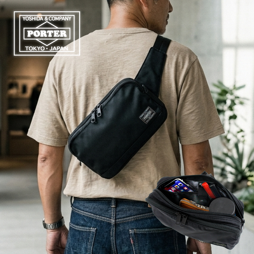 【美品】PORTER ブラック ボディバッグ・ウエストポーチ 吉田カバン（YOSHIDA KABAN） ポーター ムース ウエストバッグ(L) 751