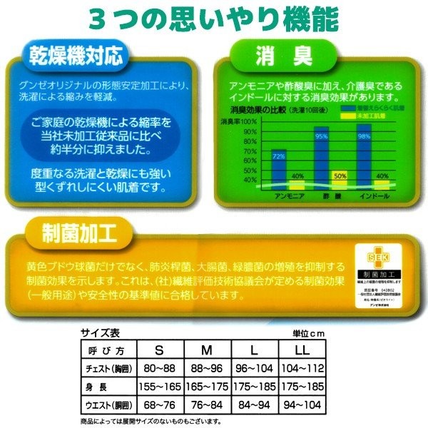 GUNZE グンゼ 介護 介護用品 介護下着 介護肌着 半袖 クリップシャツ 着脱らくらく 愛情らくらく 肌着 インナー メンズ 男性 綿100％ 消臭 制菌 高齢者 紳士 HW6318