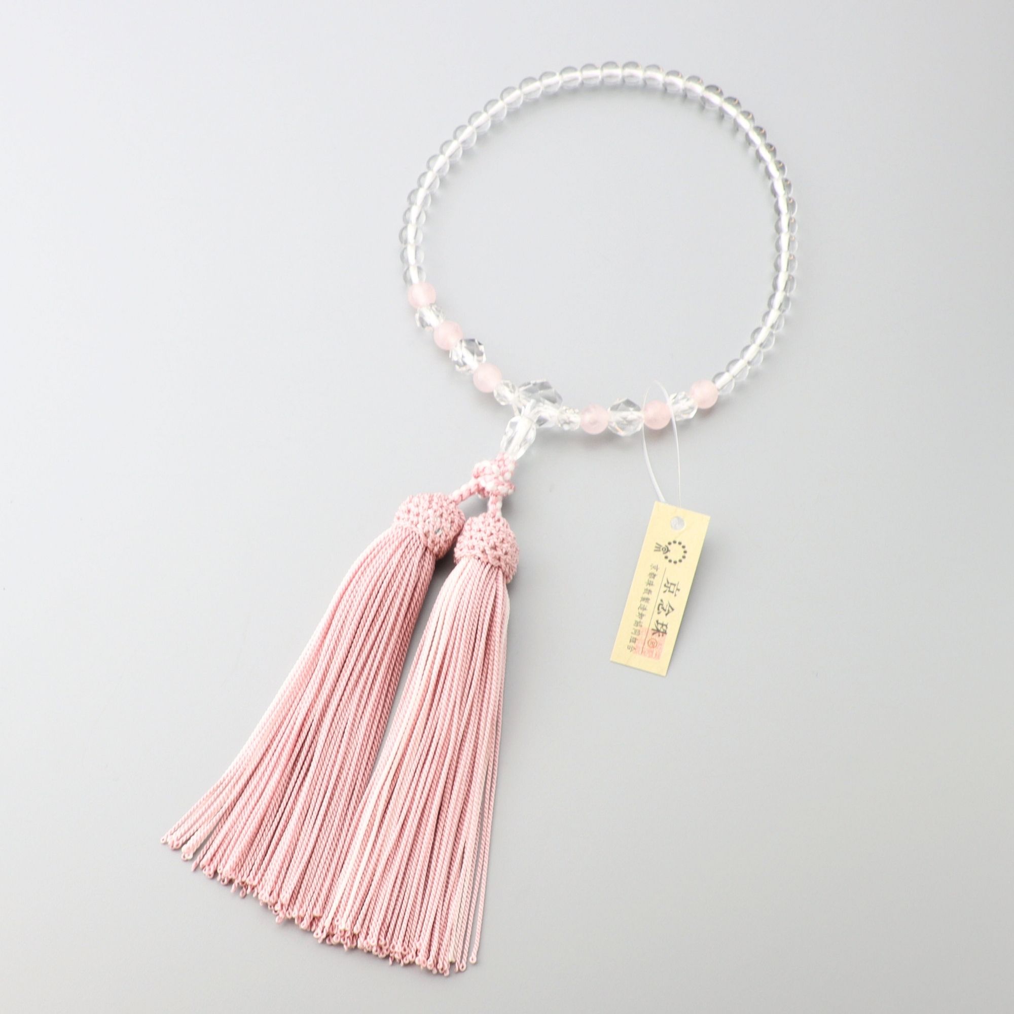 数珠 女性用 水晶丸玉5mm 水晶切子 紅水晶交互 正絹蛍房 ピンクに薄桃