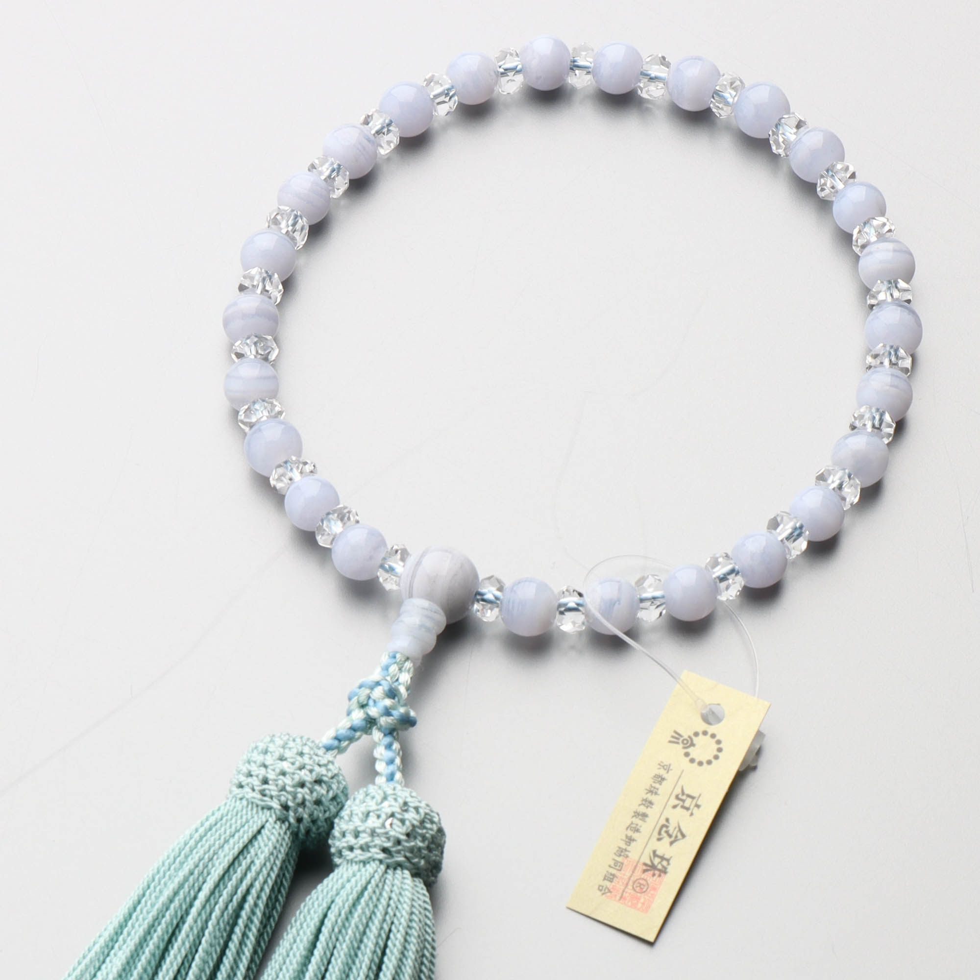 数珠 女性用 ブルーレース瑪瑙 7mm 水晶平切子コンビ 上 正絹房 (青