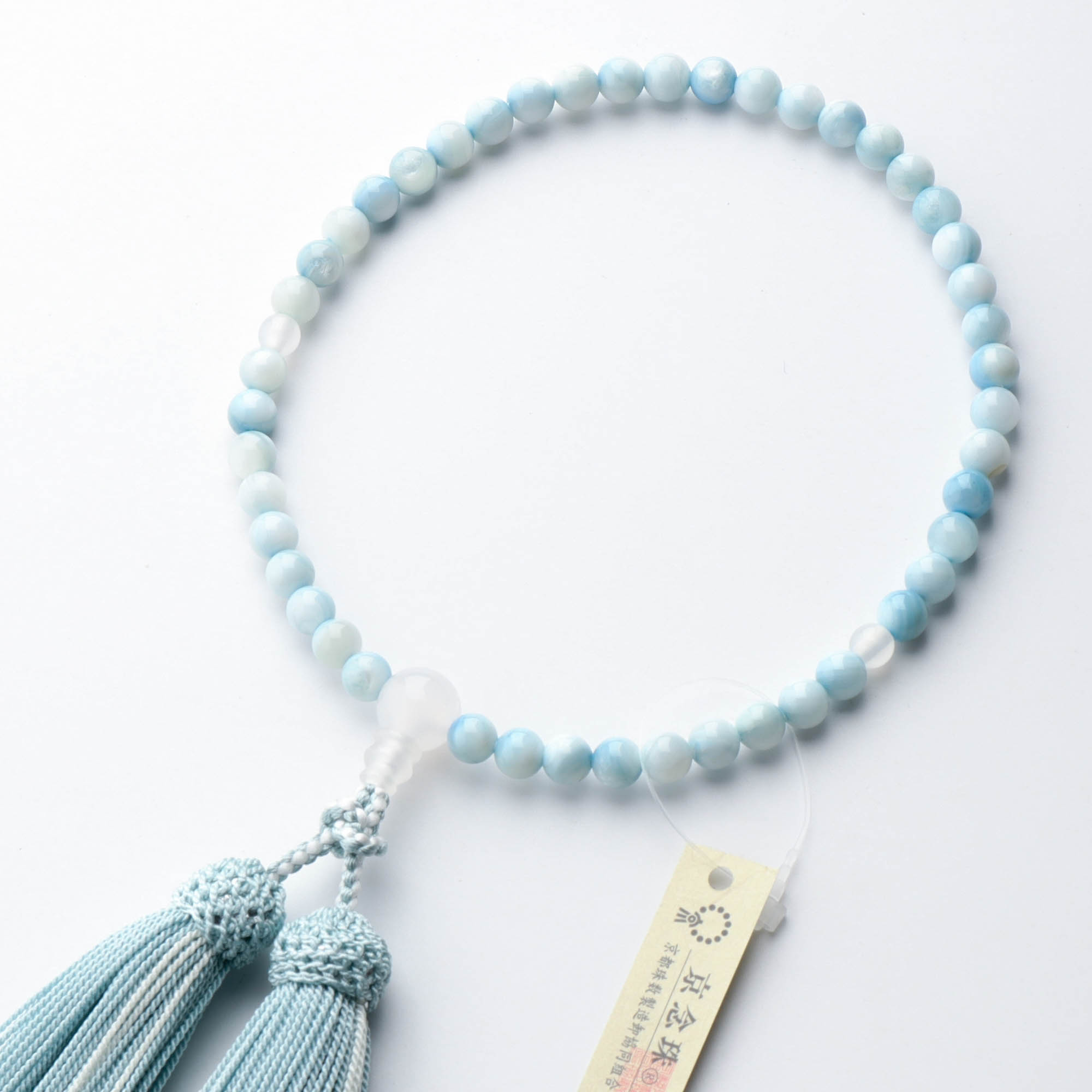 数珠 女性用 青蝶貝6mm 白瑪瑙仕立 正絹蛍房(水色に白) ブルー