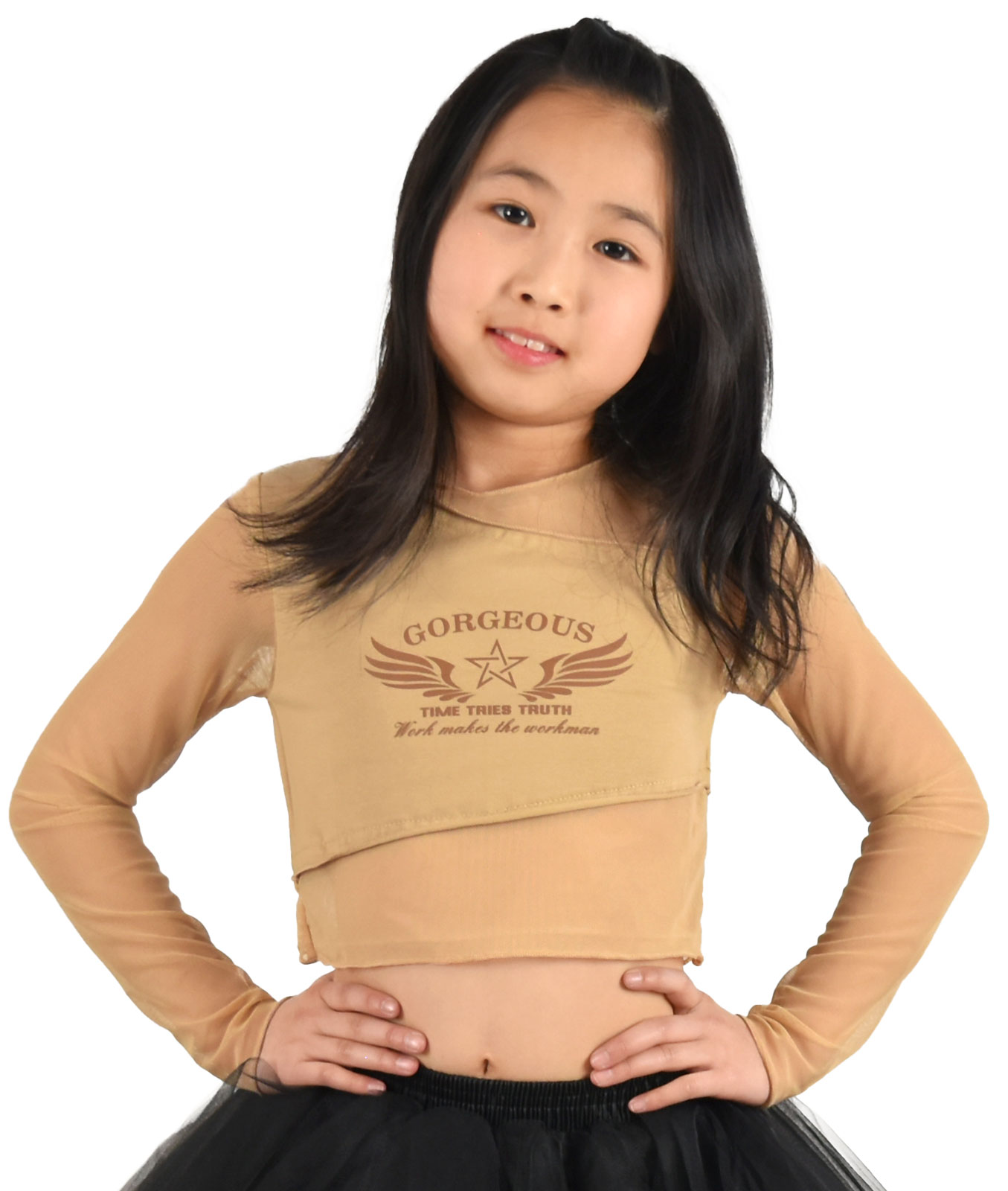キッズ ダンス衣装 長袖トップス メッシュ シースルー タイト 子供服