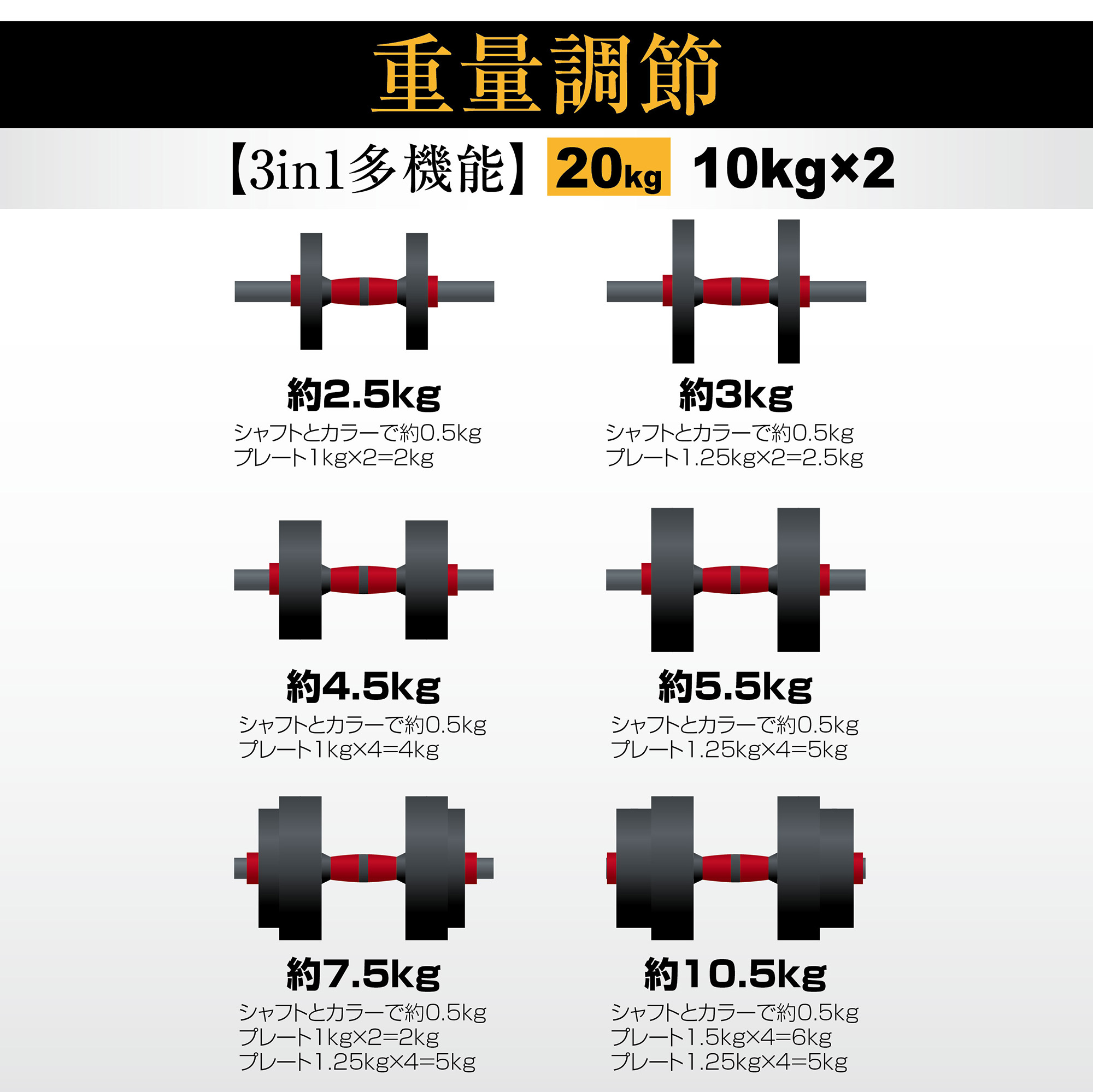 ダンベル 可変式 20kg (10kg×2個) セット 筋トレ トレーニング