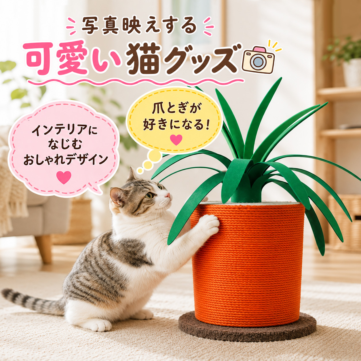 爪とぎポール キャロット 猫 爪とぎ 極太 麻縄巻き 据え置き 木製