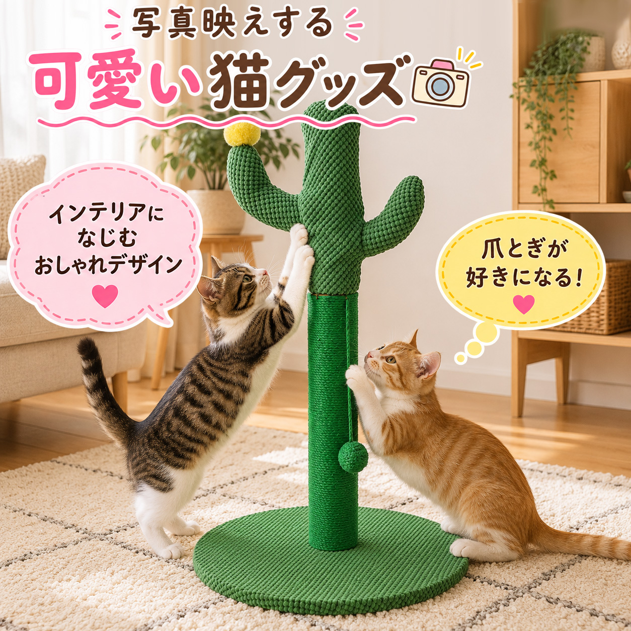 爪とぎポール サボテン 猫 爪とぎ ポール 麻縄巻き 据え置き 木製