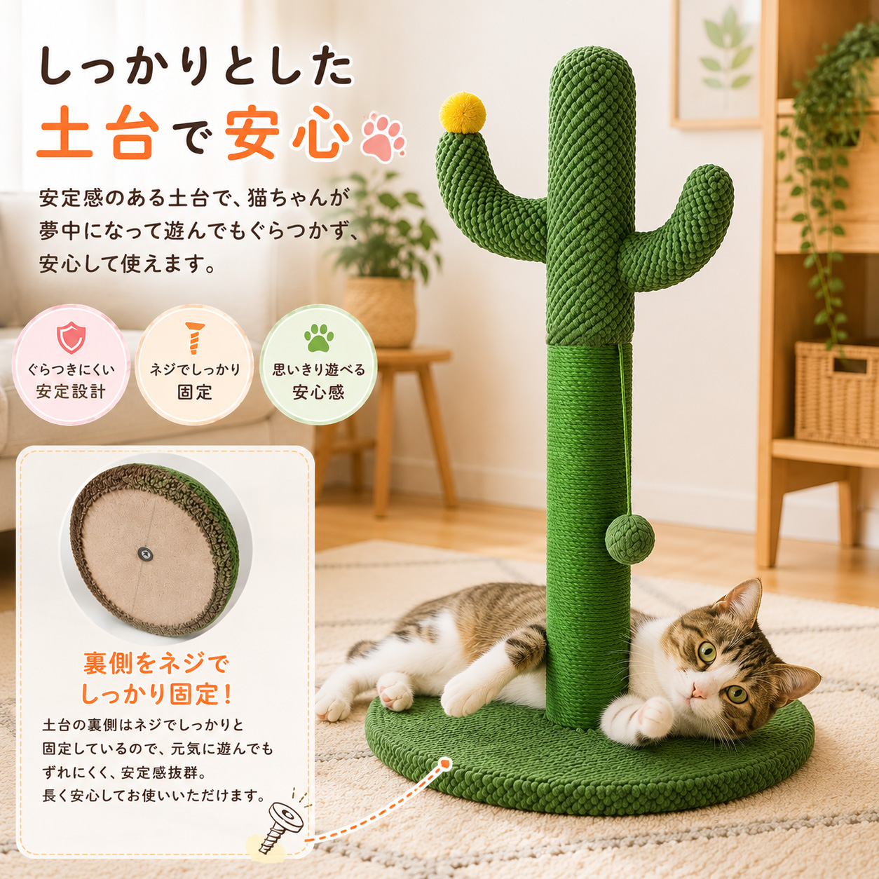 爪とぎポール サボテン 猫 爪とぎ ポール 麻縄巻き 据え置き 木製