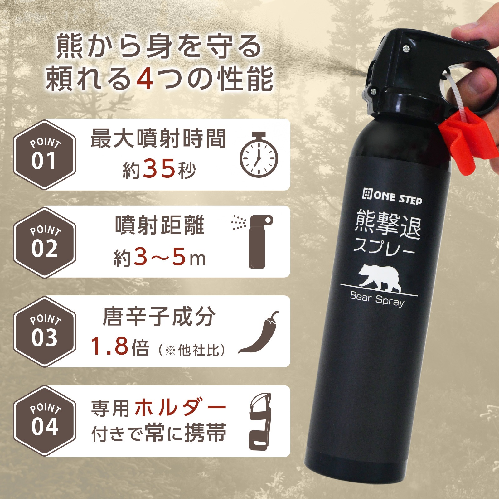 熊撃退スプレー熊よけスプレー 熊スプレー  ホルダー付 260ml  熊対策 熊 忌避剤トウガラシ 安全ロック 送料無料 ※北海道、沖縄県、離島を除く【ロジ発送】 |  | 01
