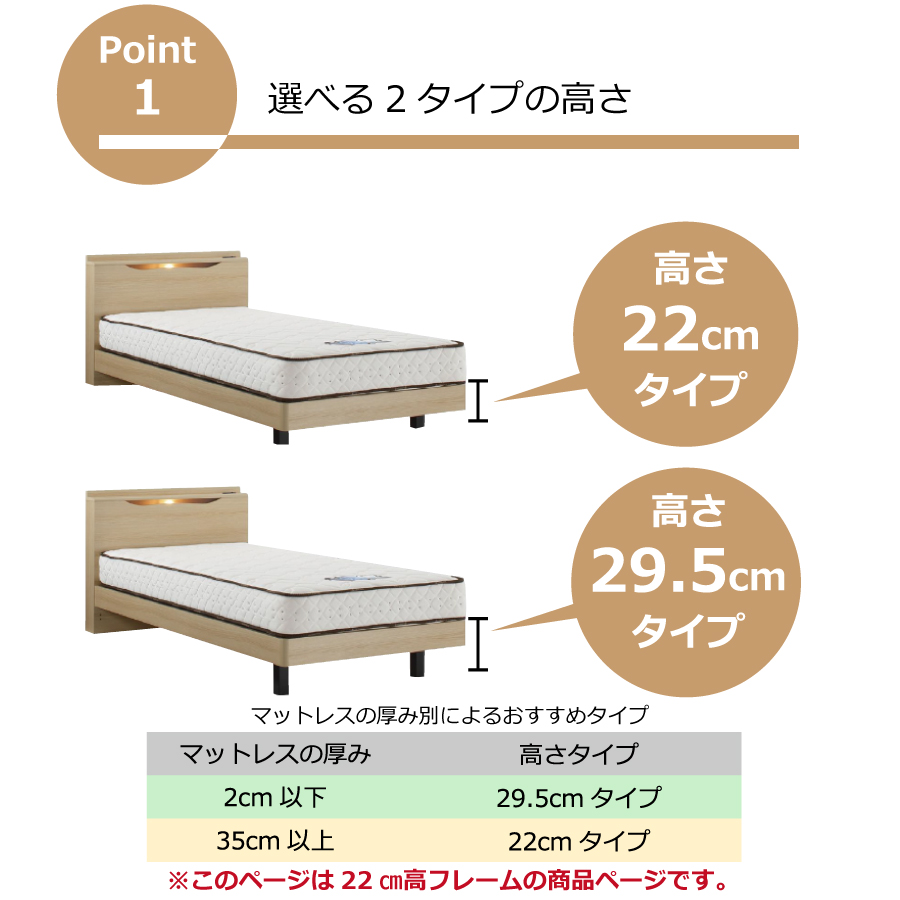 ベッドフレーム シングル ドリームベッド イーポント 脚タイプ 22cm高 コンセント 照明スイッチ 防ダニ 抗菌防臭加工 日本製 ナチュラル  ウォールナット