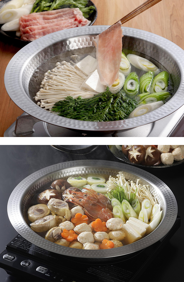 下村企販　燕三条　継ぎ目のない　卓上鍋　26cm　蒸し皿付き　せいろ料理 下村企販 継ぎ目のないステンレス卓上鍋 蒸し皿付き 22cm 26cm 30cm