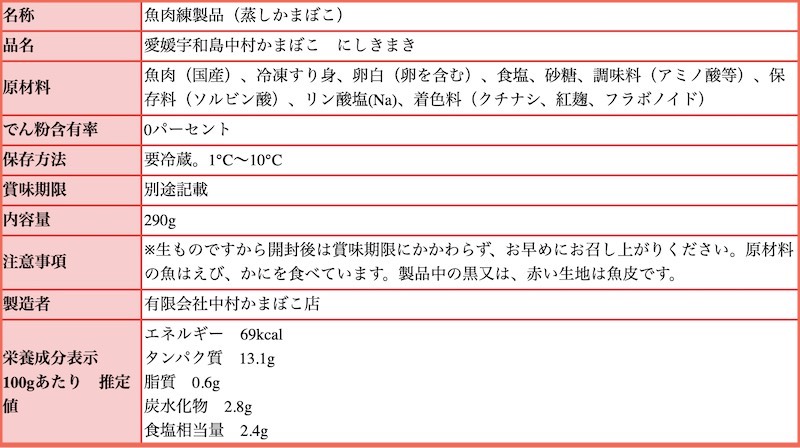 にしき巻き成分、原材料表
