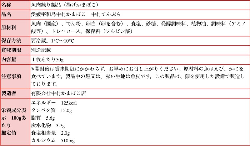 中村てんぷら成分、原材料表
