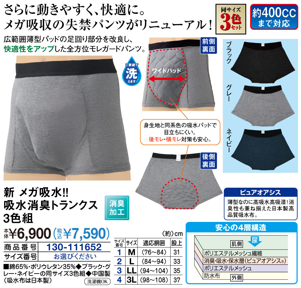 新 メガ吸水！！吸水消臭トランクス3色組 M L LL 3L |  | 01
