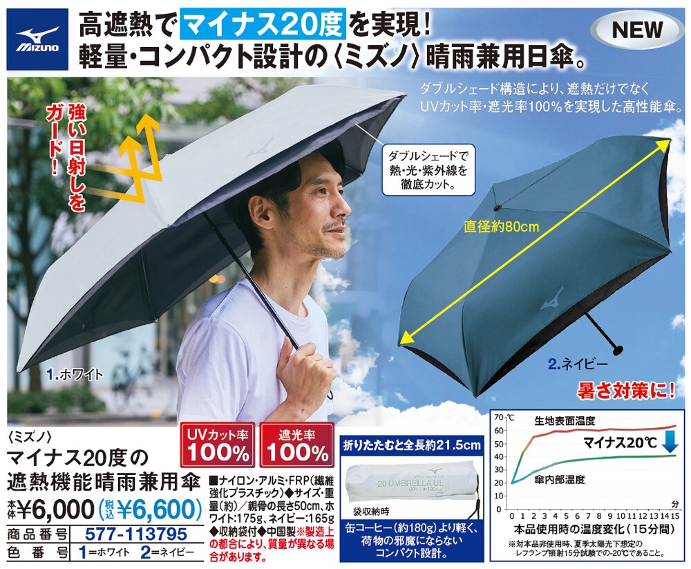ミズノ マイナス20度の遮熱機能晴雨兼用傘 ネイビー ホワイト |  | 01