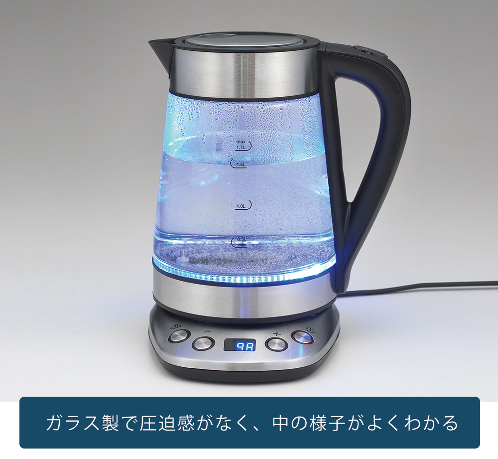 温度調整ガラス電気ケトル 1.7L タマハシ サスティア SUS-02 電気ケトル