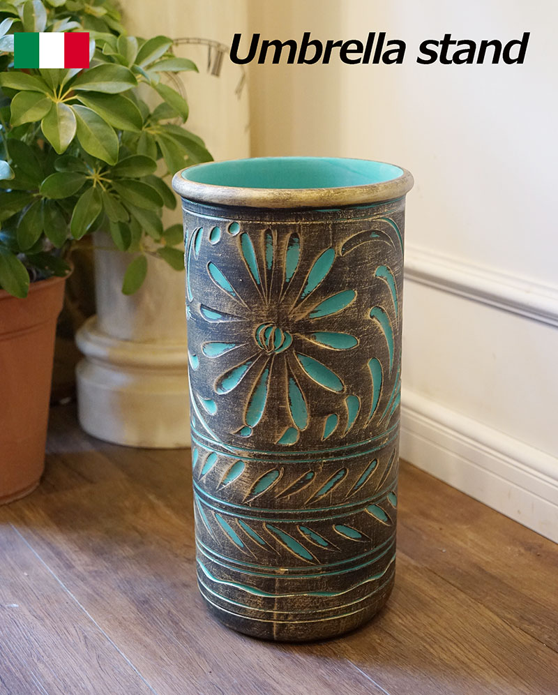Ｙ USED ビンテージ 花瓶 オブジェ 傘立て 果実柄 ハンドメイド イタリア green（グリーン） 傘立て 陶器 イタリア ゴールド 手彩色 傘立て