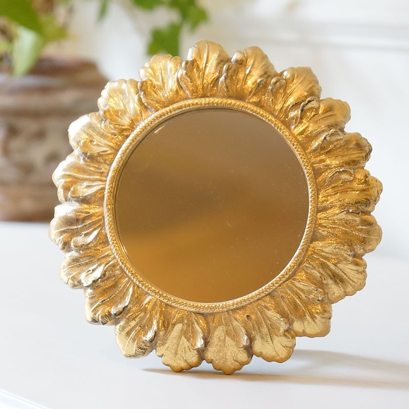 卓上ミラー 鏡 コンパクト サンフラワーミラー ゴールド 卓上鏡 置き鏡 丸型 壁掛け可 アンティーク調 クラシック