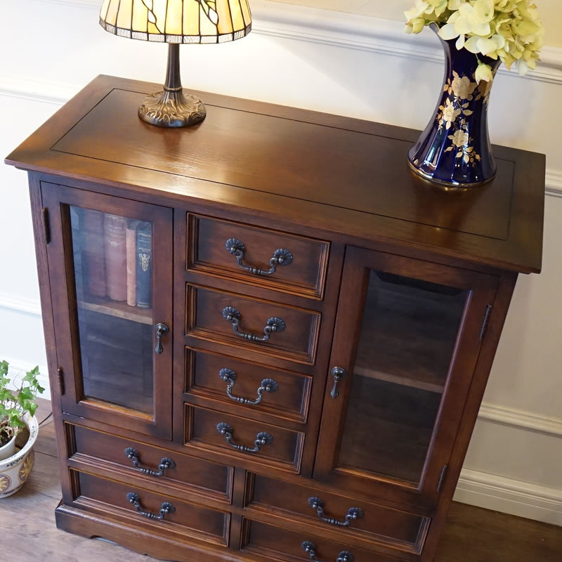 アンティーク家具 リプロダクト ガラス戸 8引出し 整理チェスト タンス