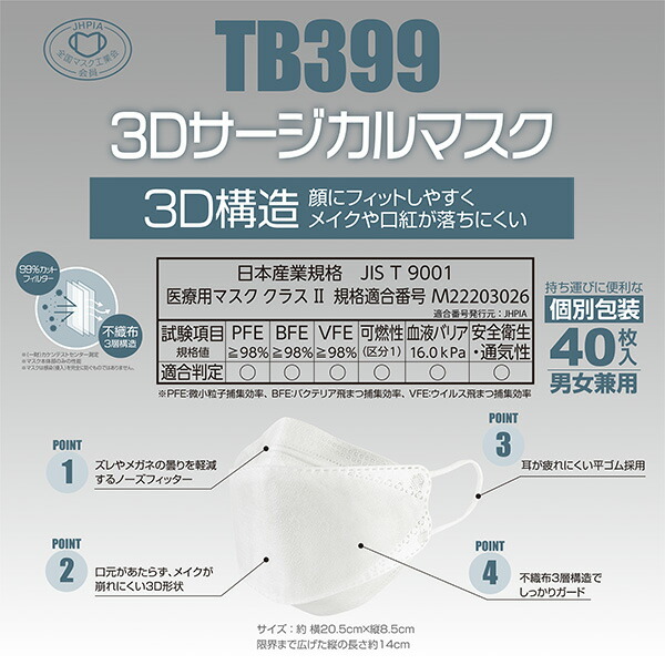 TB399 3D サージカルマスク 3層構造 個包装 40枚入×2箱(80枚