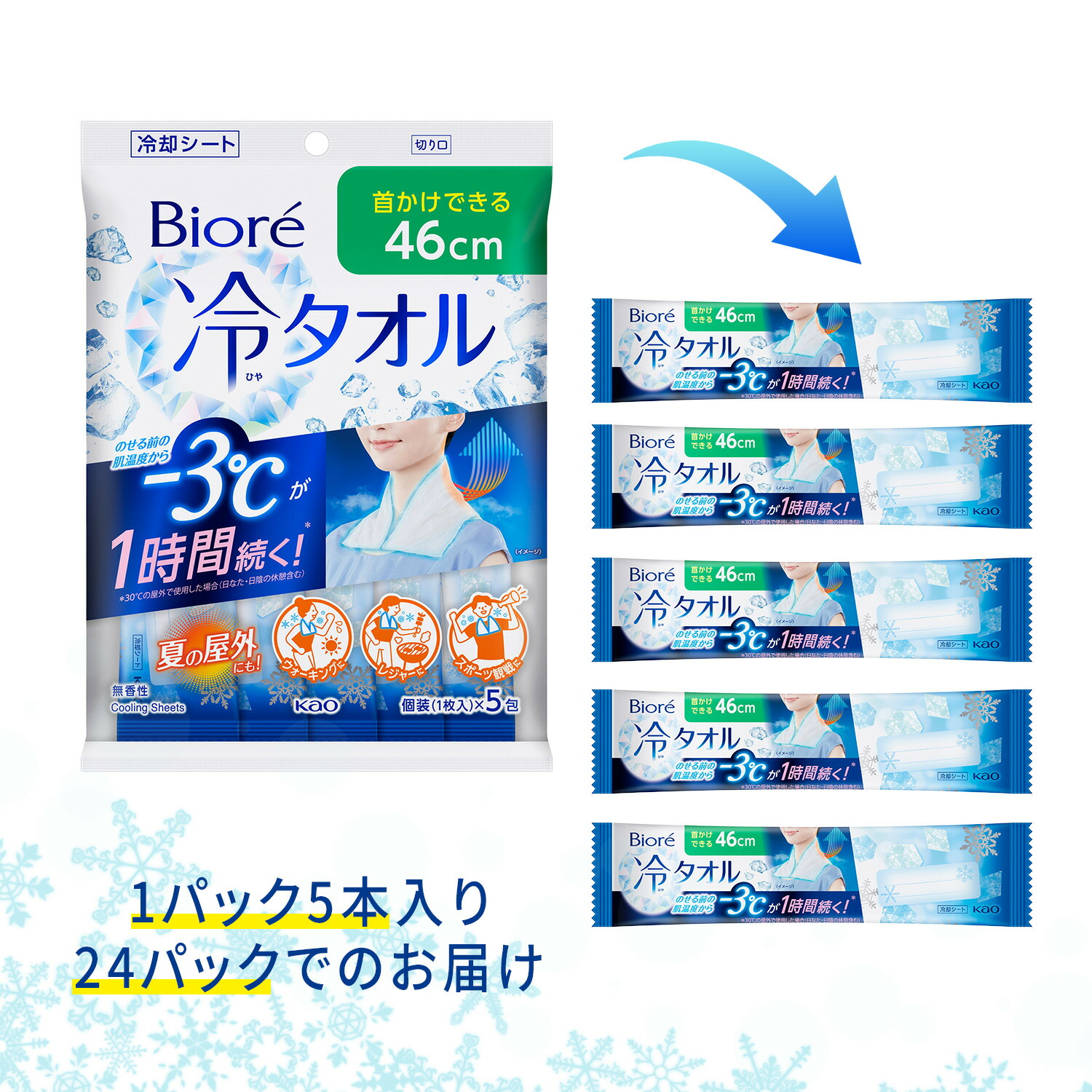 Biore ビオレ 冷タオル 無香性 5本入×24パック(120本) 個包装 日本製