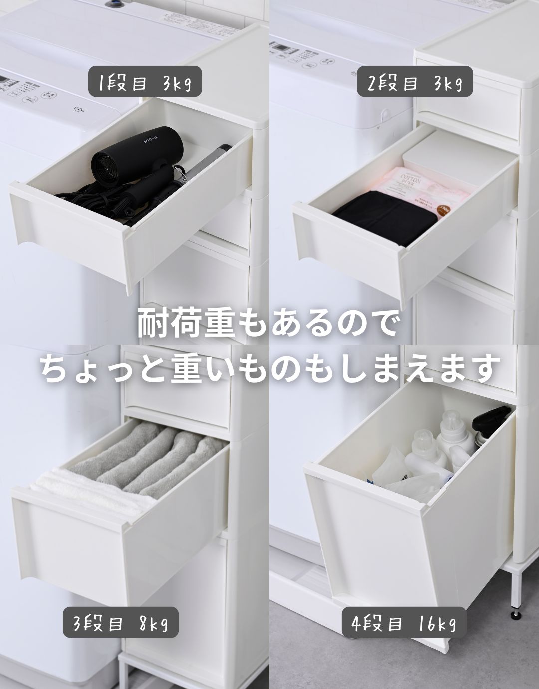 スリム収納ボックス 3段／縦型収納ケース ホワイト キッチン・洗面所・隙間収納に 中が透けない 隙間収納 幅26 スリムストッカー ミドル すき間 収納 ごみ箱