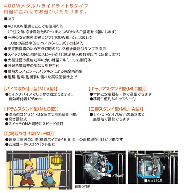 受注生産品】 ハタヤリミテッド 400W型メタルハライド ライト 足場