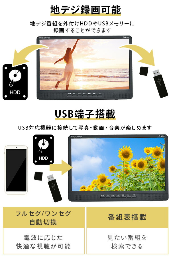 キュリオム ポータブルテレビ 地上デジタル放送対応 DVD