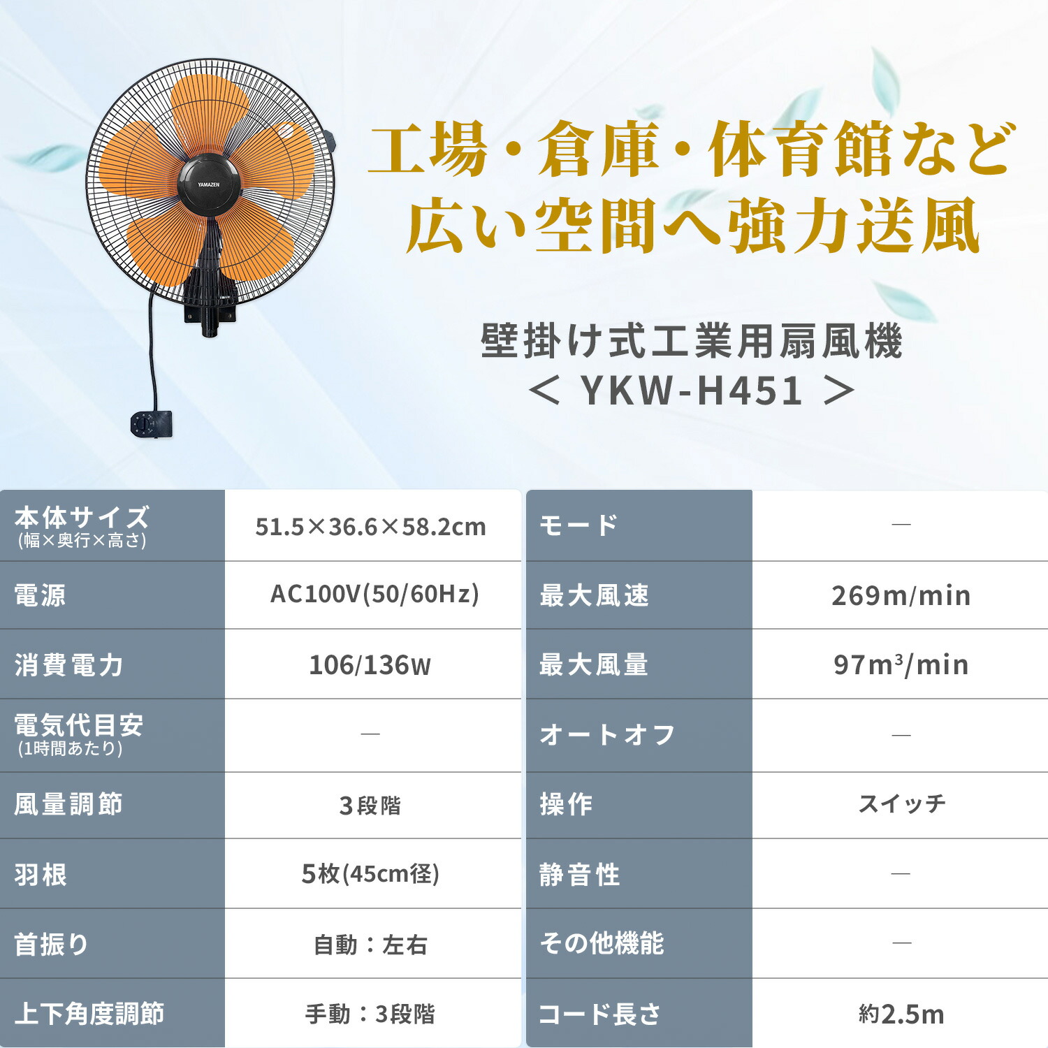 全国発送OK 工場扇（扇風機）壁掛け式 YAMAZEN 山善 YKW-458 未使用品 mn24【寄楽屋 きらくや 成田本店】 山善（YAMAZEN） 工場扇 羽根径45cm 壁掛式 壁掛け式 工場扇風機 大型
