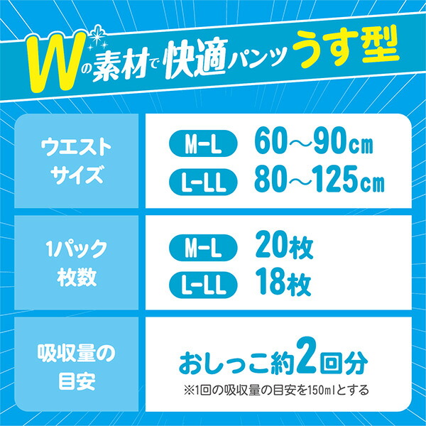 アクティ 大人用 紙おむつ Wの素材で快適パンツ うす型 2回分吸収 M-L