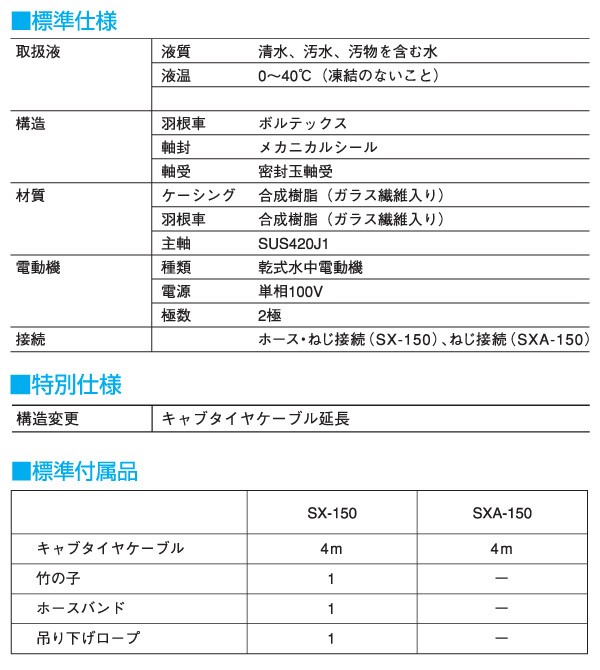 汚物混入水用 水中ポンプ SX-150 100V 150W 口径40mm 水中ポンプ 汚水