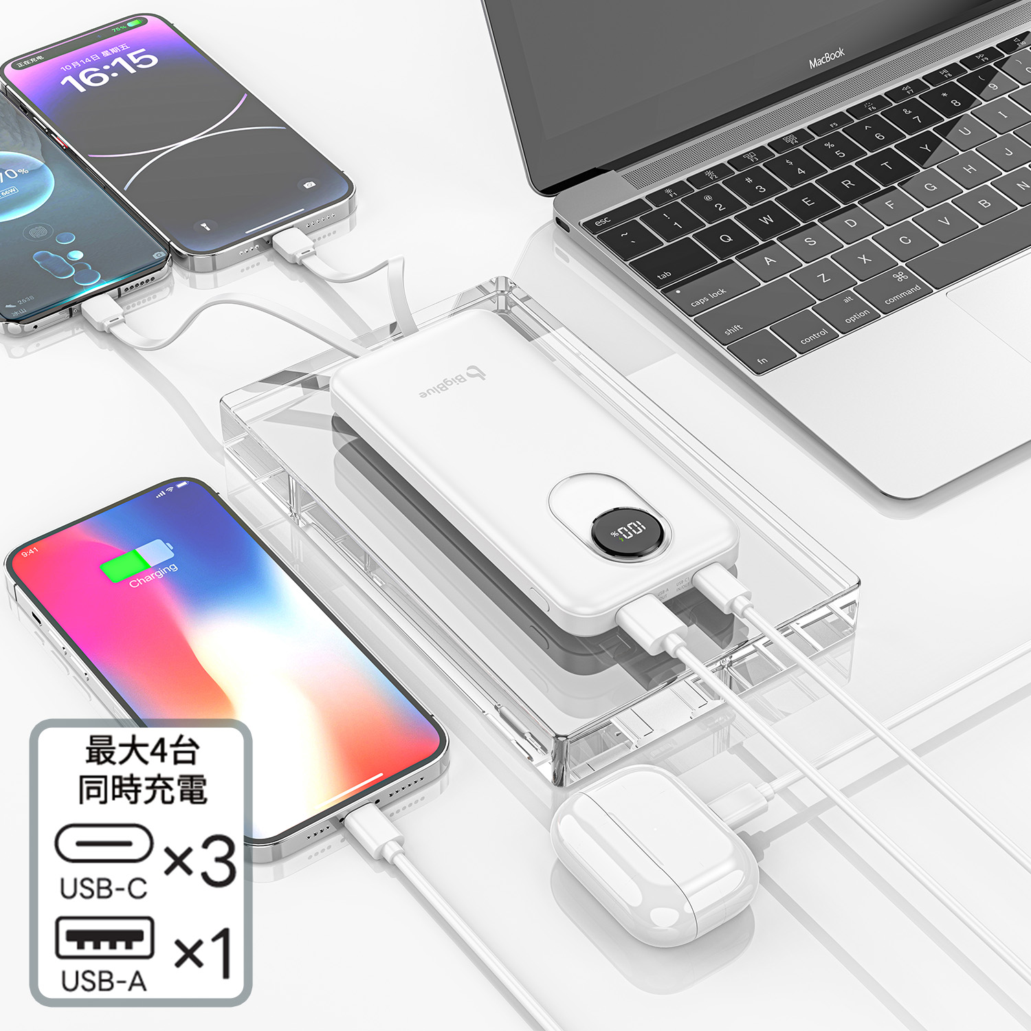 全固体 モバイルバッテリー 10000mAh PD20W 機内持ち込み可能 4台同時