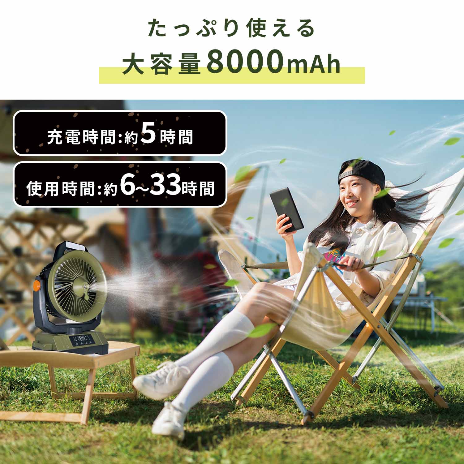 アウトドアミストファン 充電式 首振り LEDライト リモコン 8000mAh