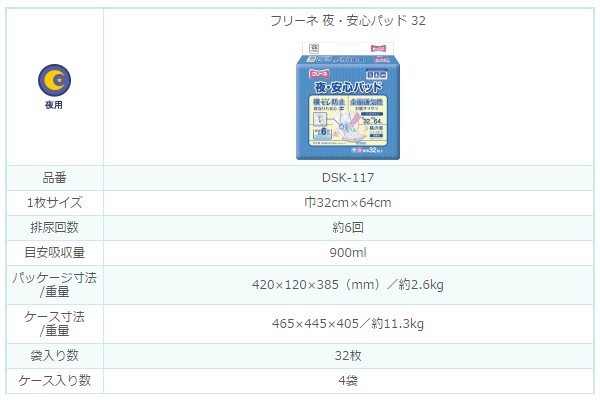 フリーネ 夜・安心パッド(吸収量6回分) 32枚×4(128枚) DSK-117 大人用紙おむつ 大人用おむつ 介護用おむつ 介護おむつ オムツ  パッドタイプ