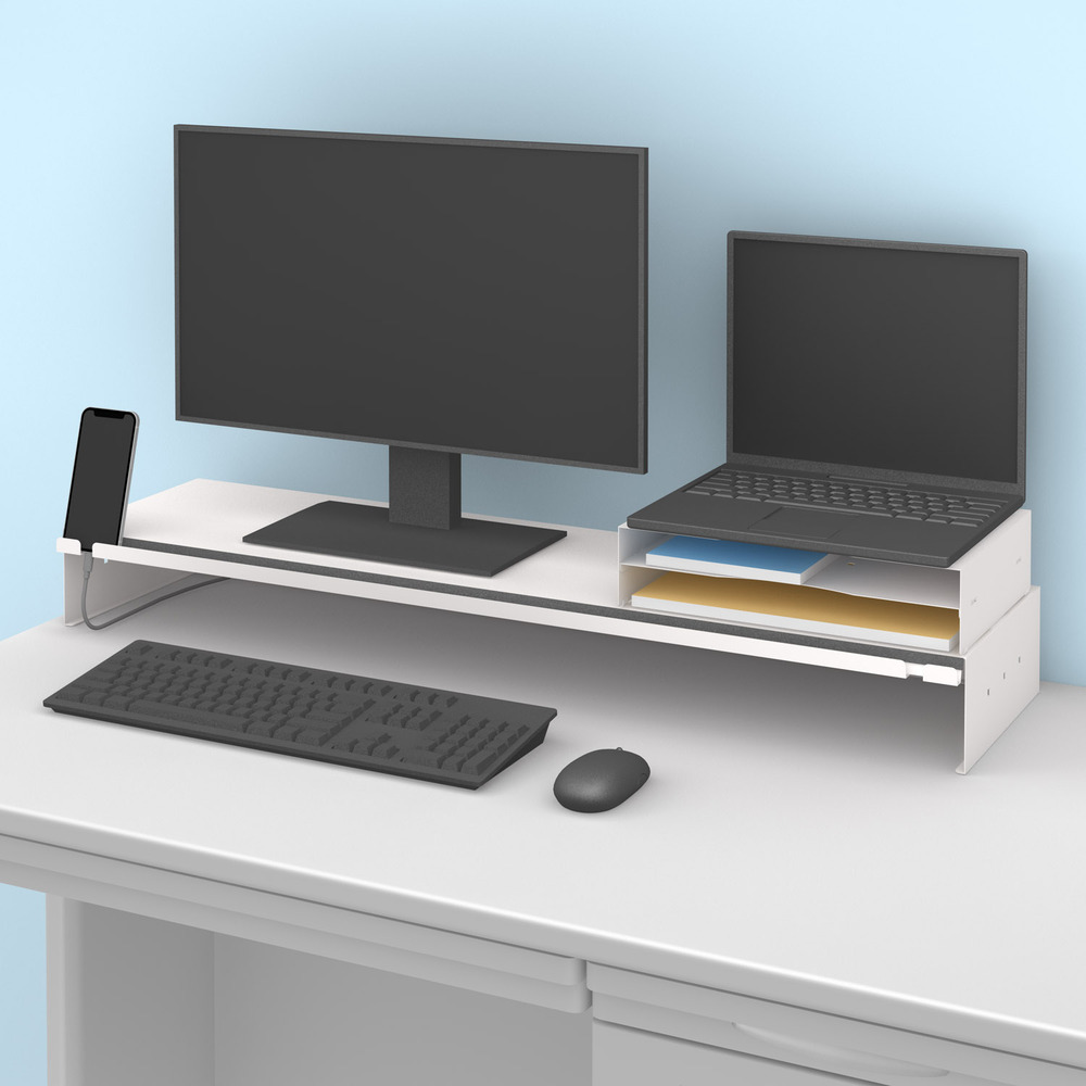 モニターデスクスタンド 幅95cm ホワイト MDS-950 使用例