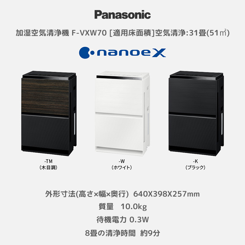 パナソニック 加湿空気清浄機 ナノイーX搭載 ブラック おもに31畳用 卓上・床置両用 花粉 ハウスダスト除去 F-VXW70-K :  f-vxw70-k : イーマックスジャパン - 通販 - Yahoo!ショッピング