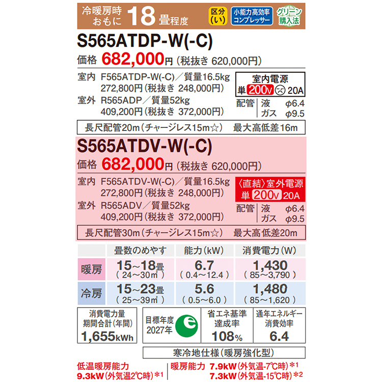 ダイキン（DAIKIN） 標準取付工事費込 エアコン おもに18畳 室外電源 