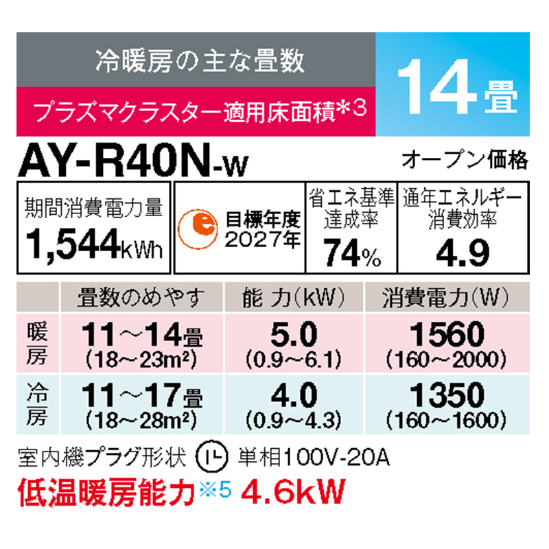 2023年製　SHARP  ルームエアコン AY-R40N-W  主に14畳 AY-R40N-W シャープ エアコン 主に14畳 R-Nシリーズ ホワイト
