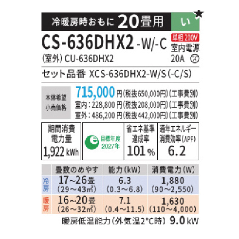 エオリア エアコン 20畳用 パナソニック 2025年モデル HXシリーズ