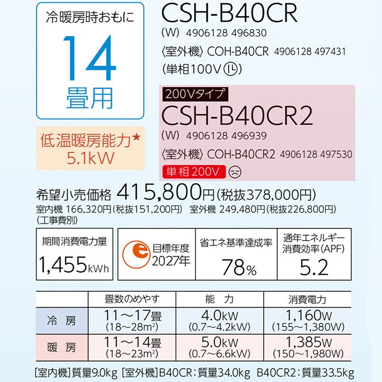 ReLaLa エアコン おもに14畳 コロナ 2024年モデル リララBシリーズ