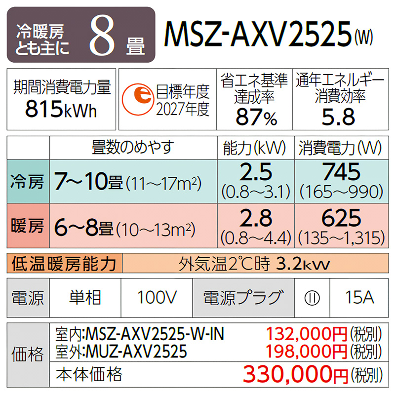霧ヶ峰 標準取付工事費込 エアコン 主に8畳 三菱電機 2025年モデル AXV