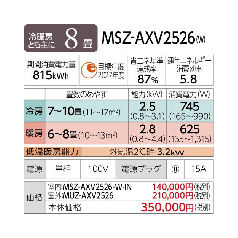 霧ヶ峰 エアコン 8畳用 三菱電機 2026年モデル AXVシリーズ ピュア